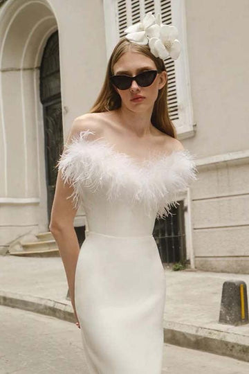 Woochic robe à plumes bustier col en V fendue taille haute blanc XS